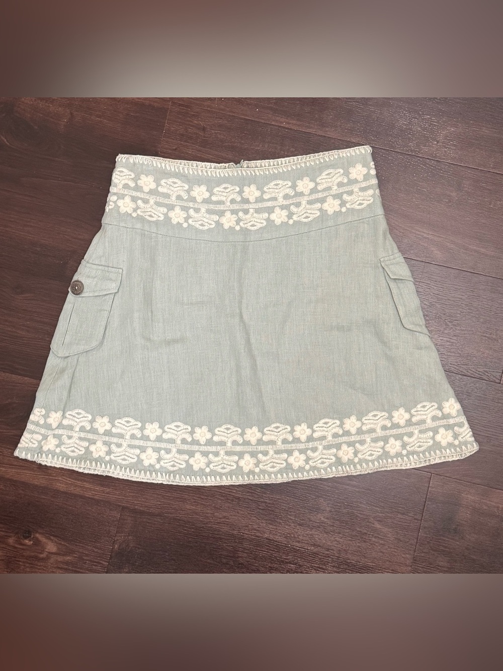 VTG House of Deréon Sage Green Linen Embroidered Cargo Mini Skirt • Sz 4